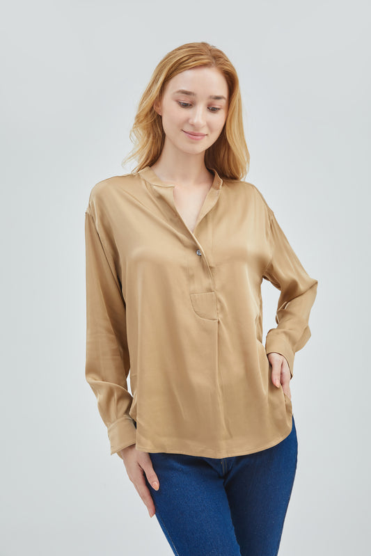 GRALACE V Neck Shirts Long Sleeve Silk Blouse