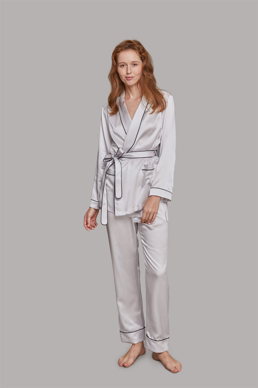 GRALACE Shawl Collar Trimmed Silk Robe