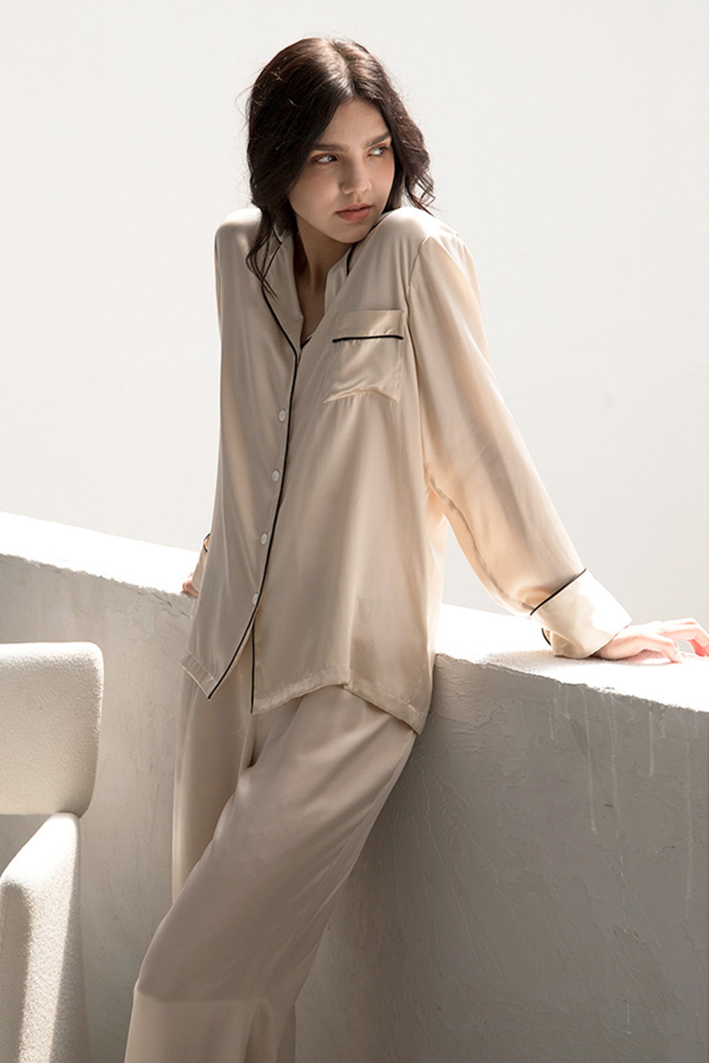 Simple Temperament Silk Pajamas Long Sleeve Trousers Set