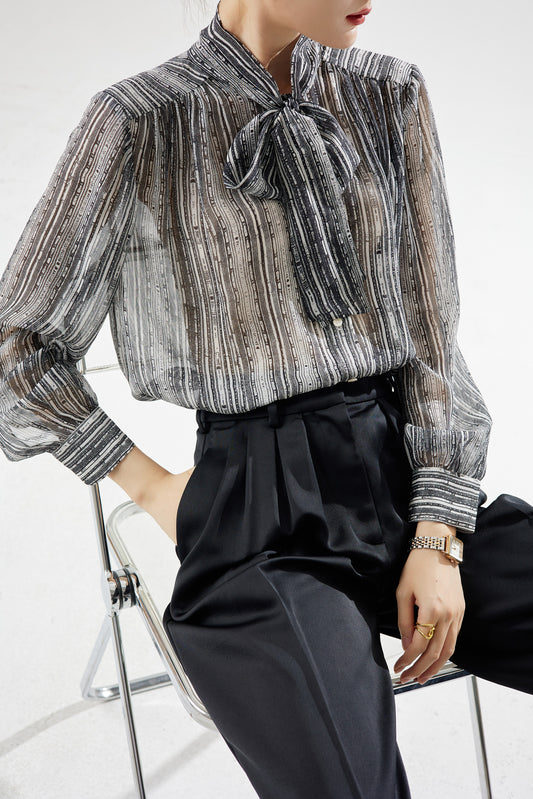 Striped Print Silk Shirt Top