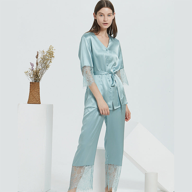 Patchwork Lace Sexy Silk Pajama Set