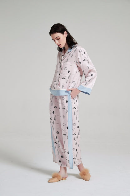 Cute Cartoon Print Silk Pajamas Set