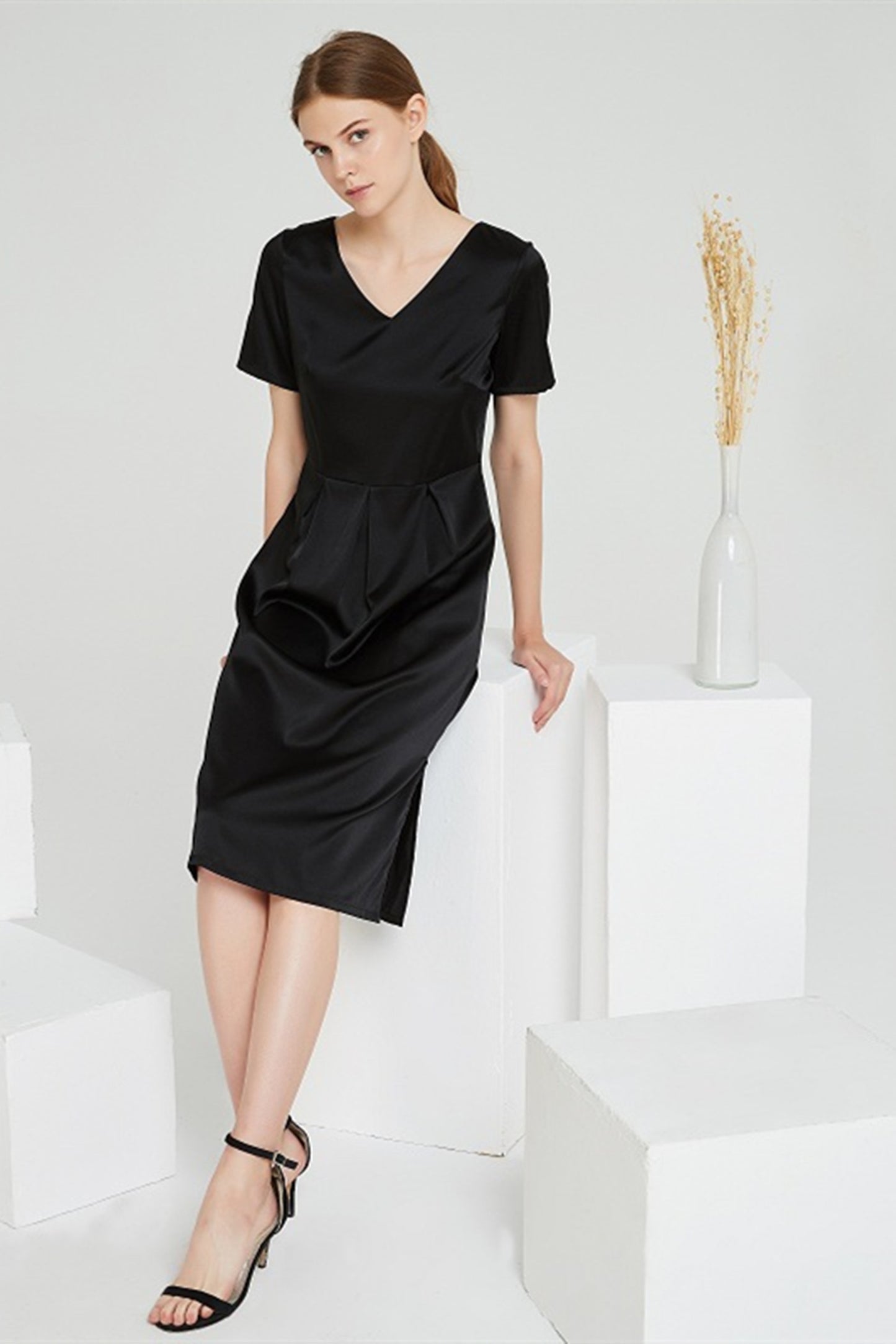 Classic Black Short Sleeve Silk Midi Dress