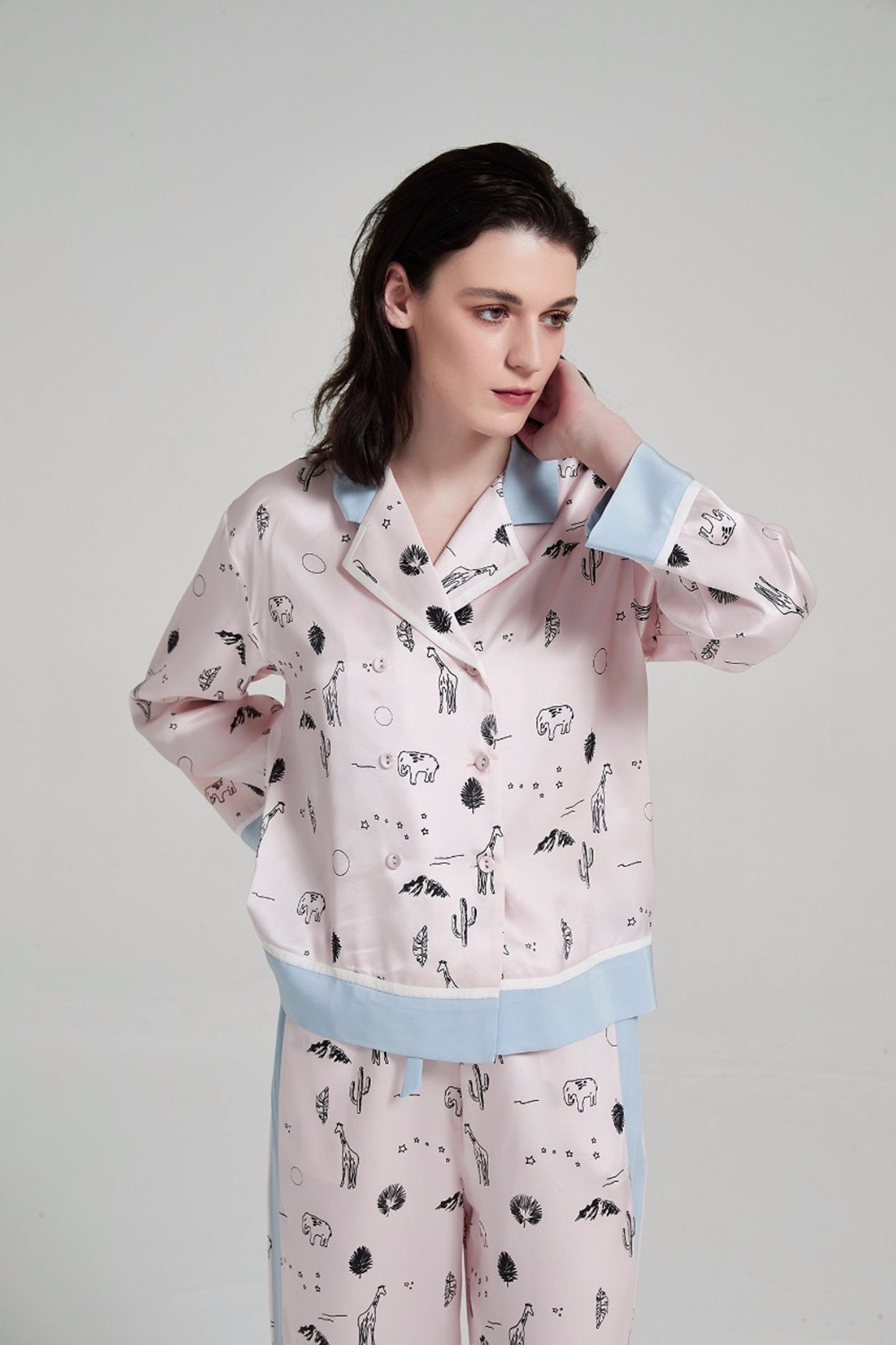 Cute Cartoon Print Silk Pajamas Set