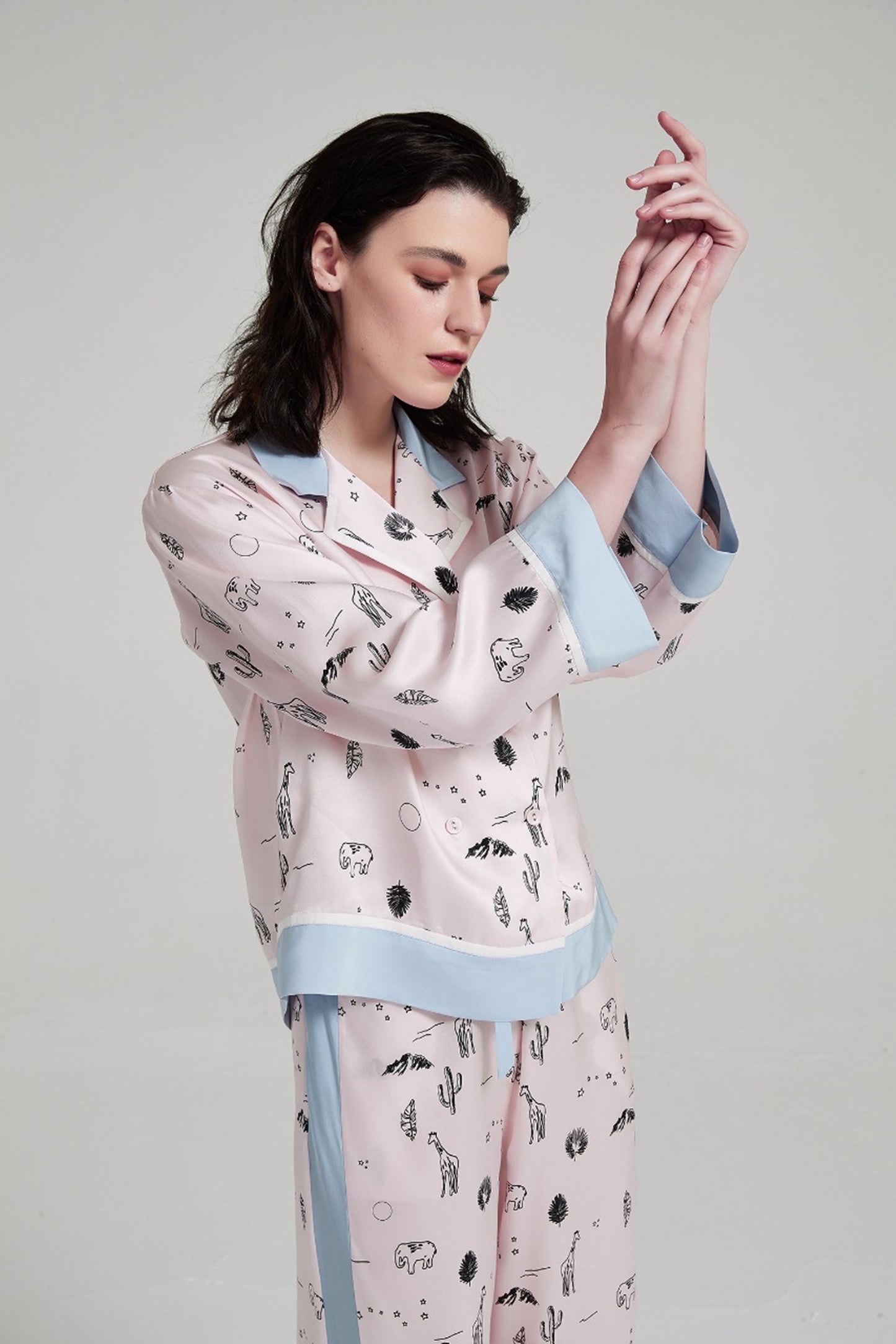 Cute Cartoon Print Silk Pajamas Set