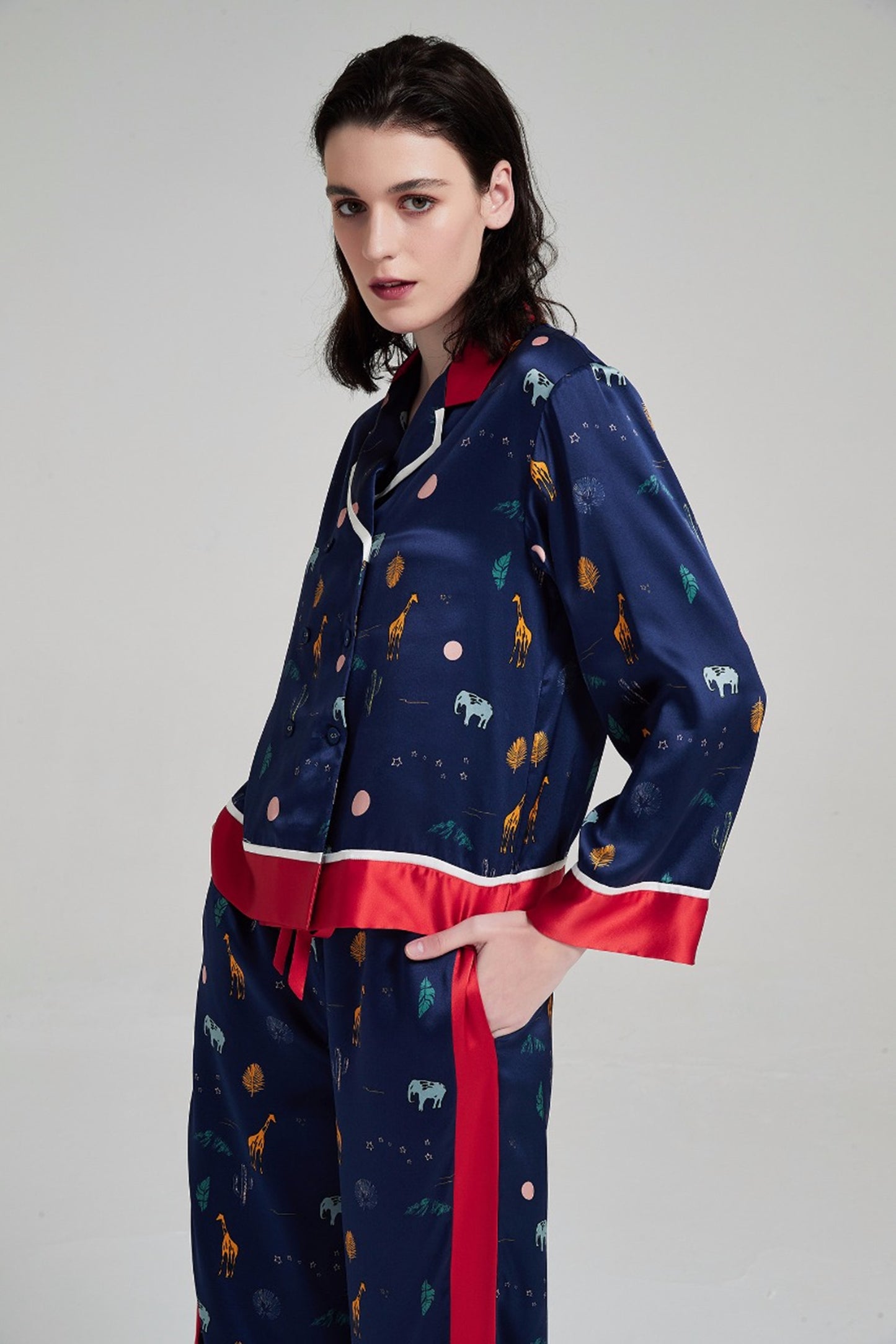 Cute Cartoon Print Silk Pajamas Set