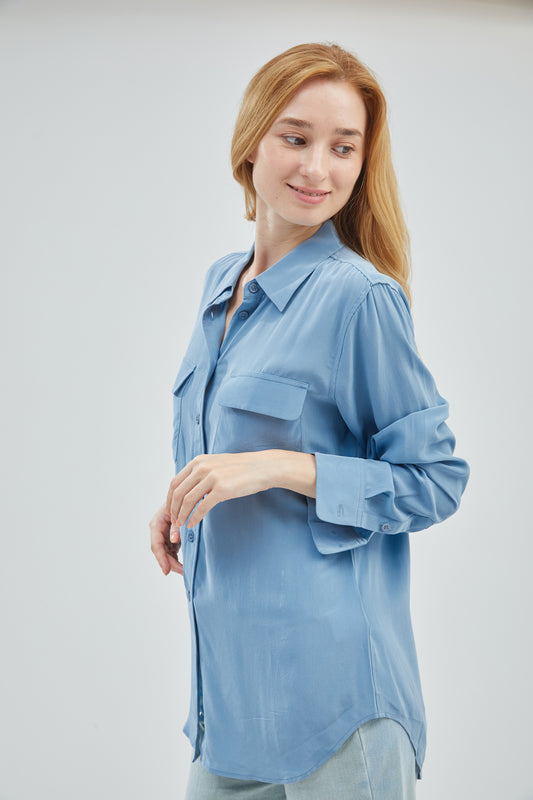 GRALACE V Neck Shirts Long Sleeve Silk Blouse