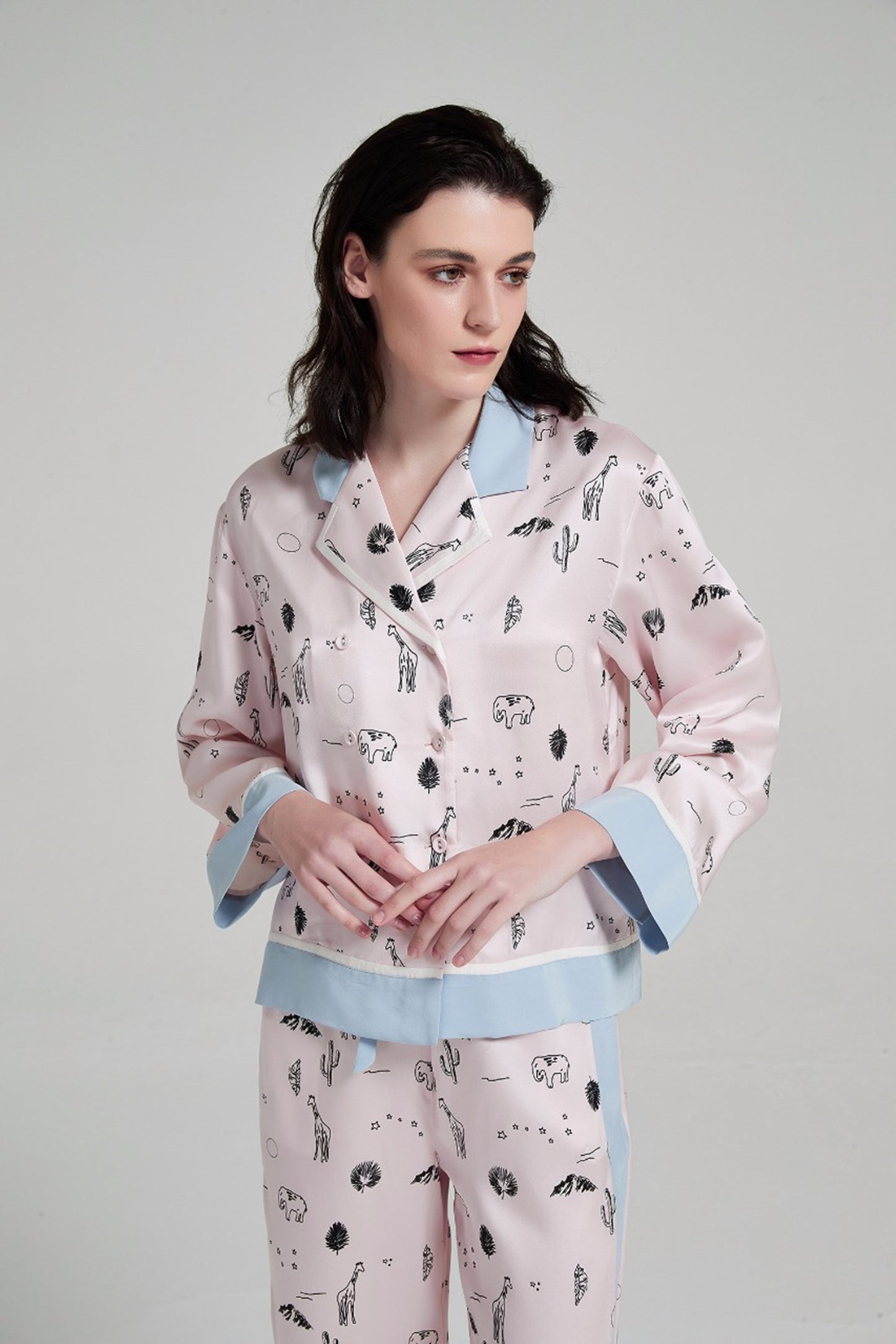 Cute Cartoon Print Silk Pajamas Set