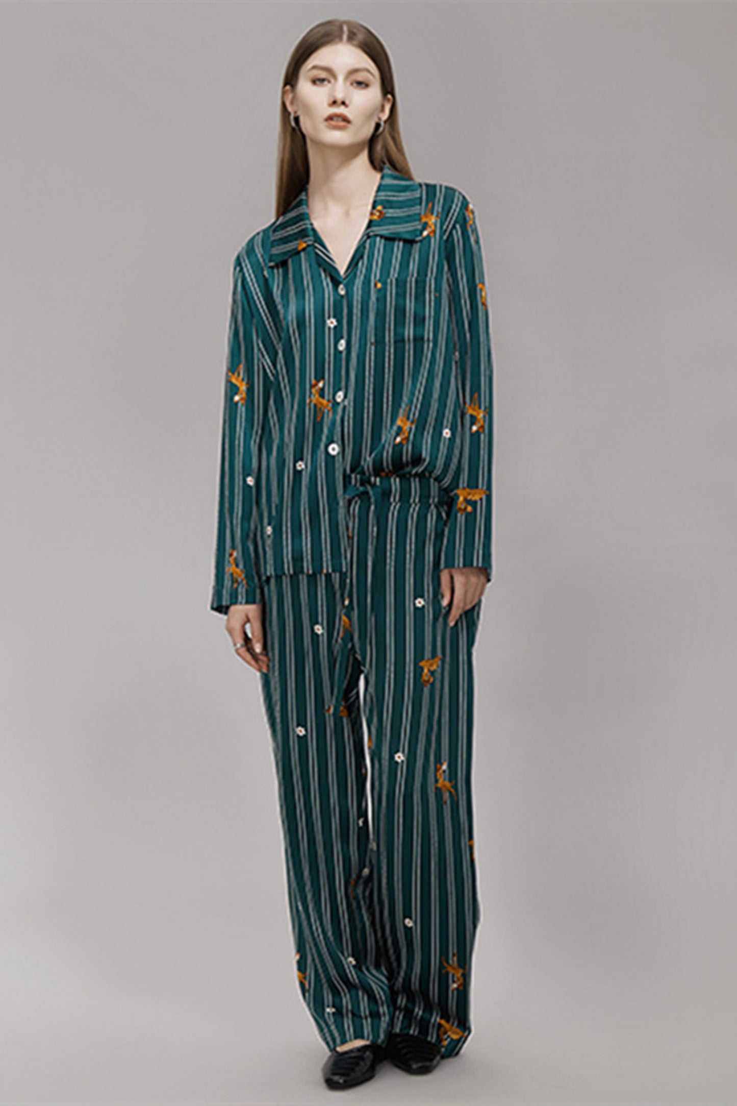 Striped Fawn Print Silk Pajama Set