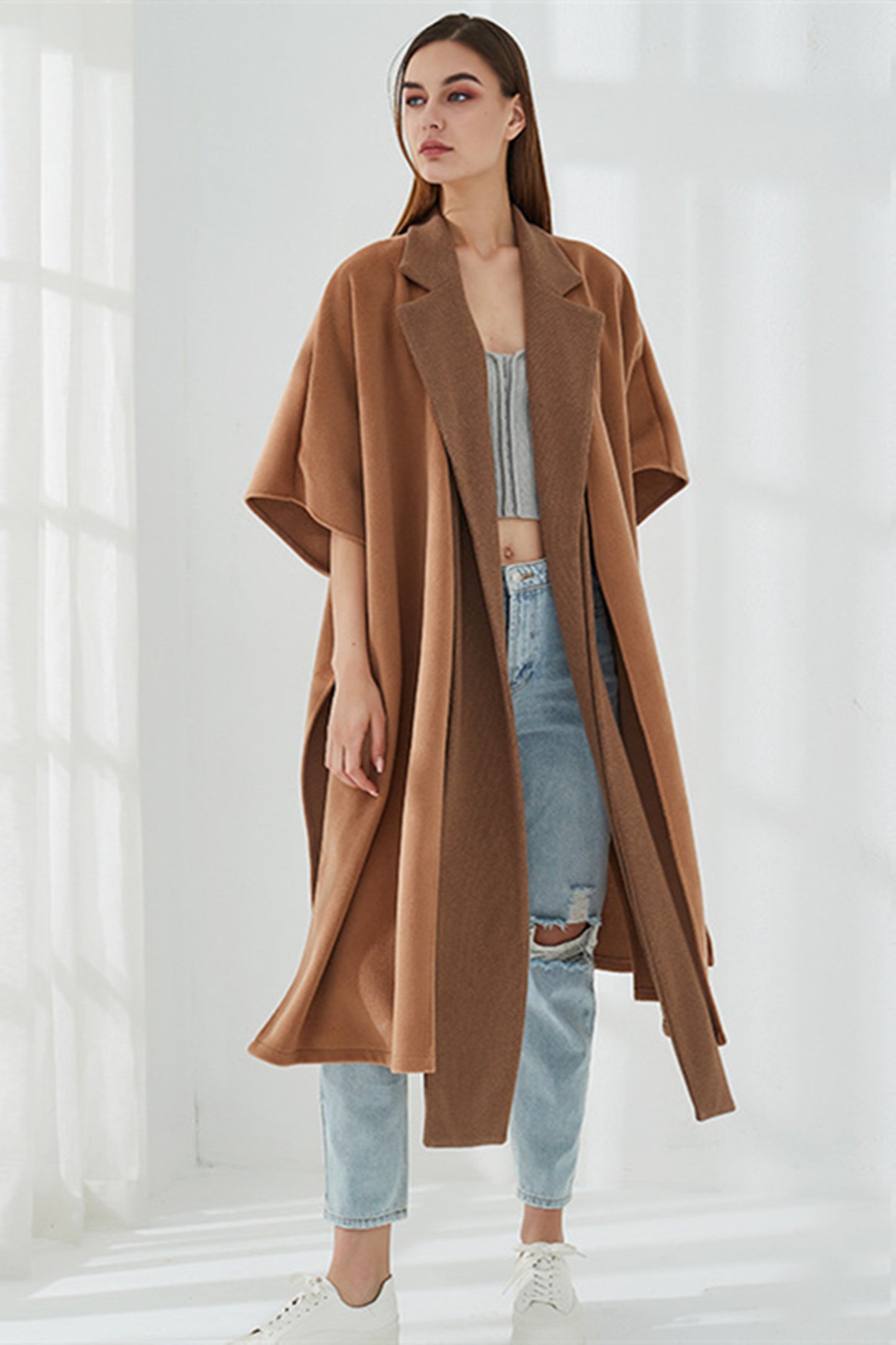 Brown Temperament Long Lapel Wool Coat