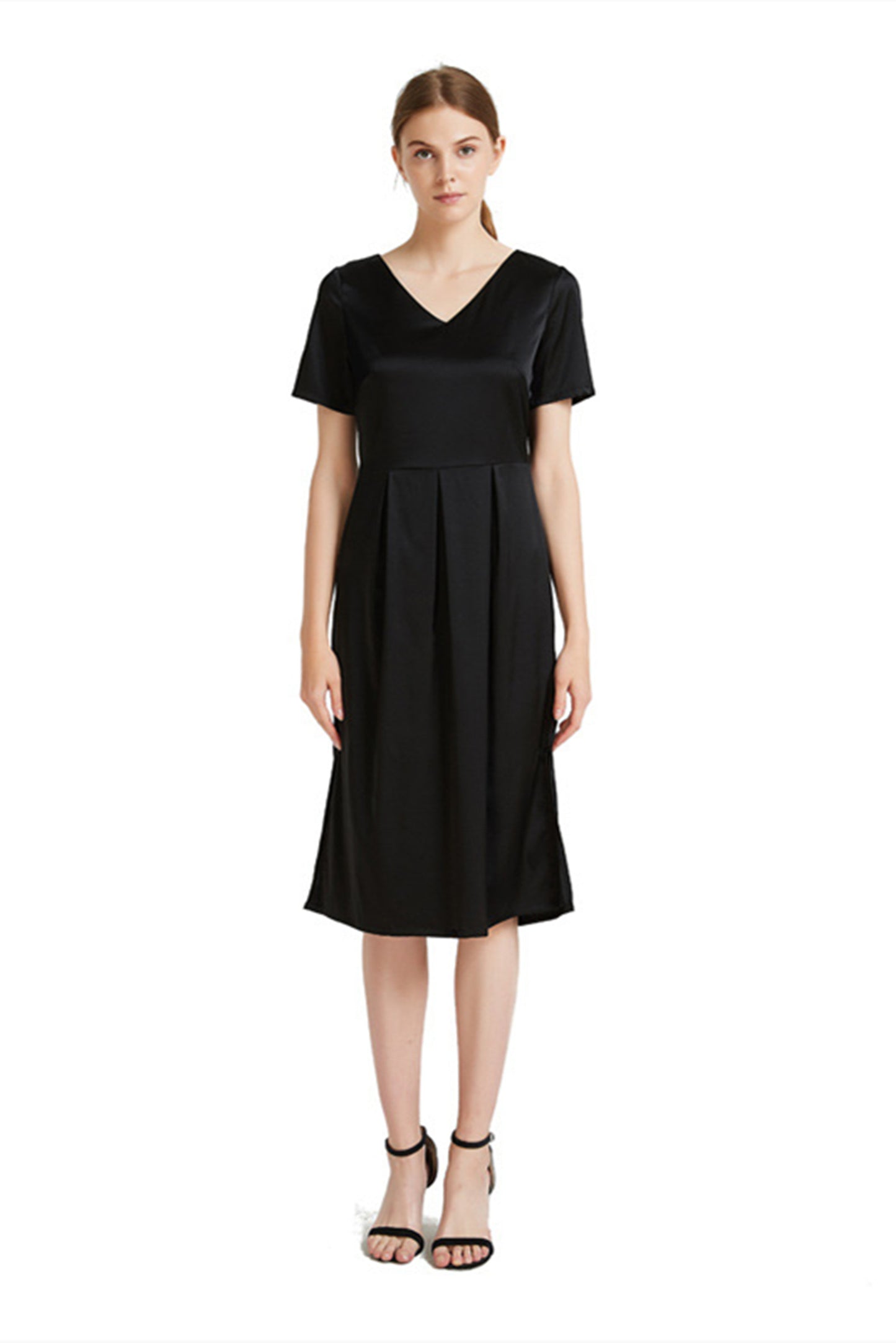 Classic Black Short Sleeve Silk Midi Dress