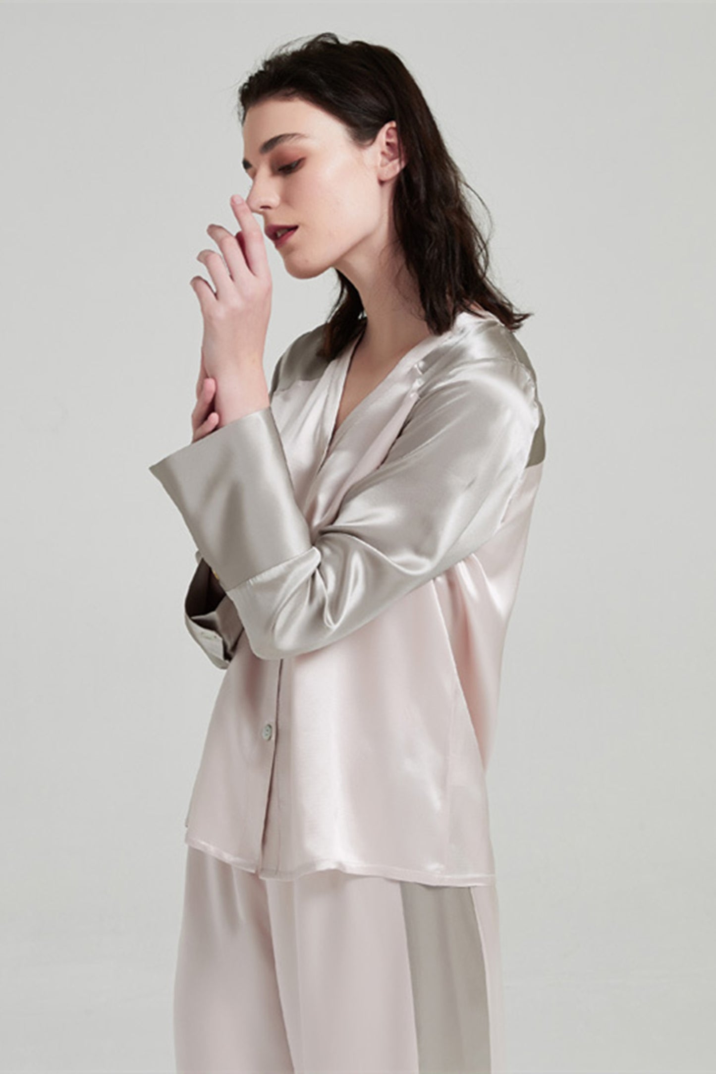 Women's Color Blocking Long Sleeve Pants Silk Pajama Set
