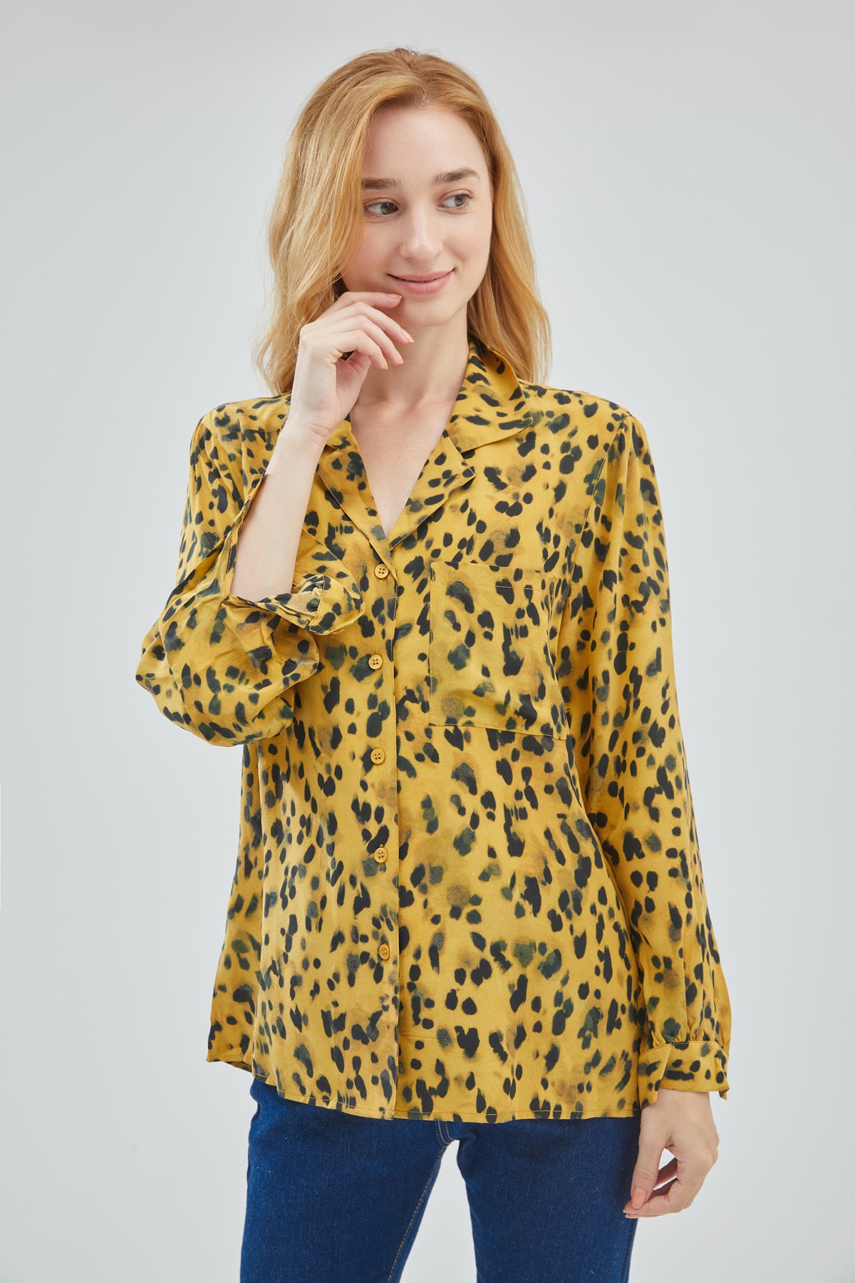 GRALACE Leopard Print Long Sleeve Silk Natural Mulberry Blouse