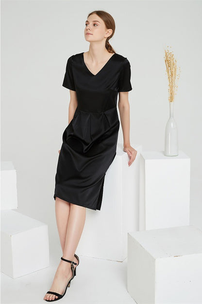 Classic Black Short Sleeve Silk Midi Dress