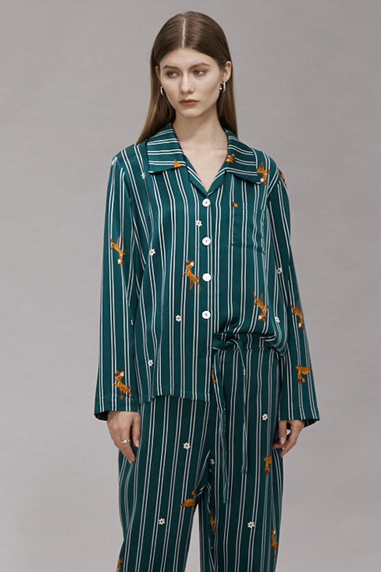 Striped Fawn Print Silk Pajama Set